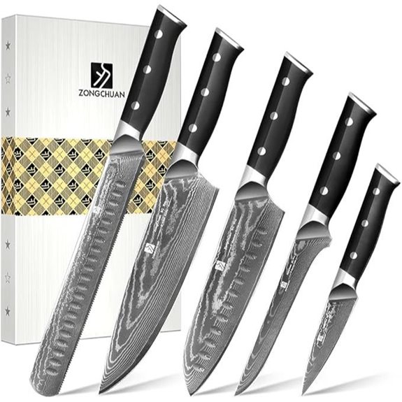 Damascus Kitchen Knife Set with 5 Sharp Knives