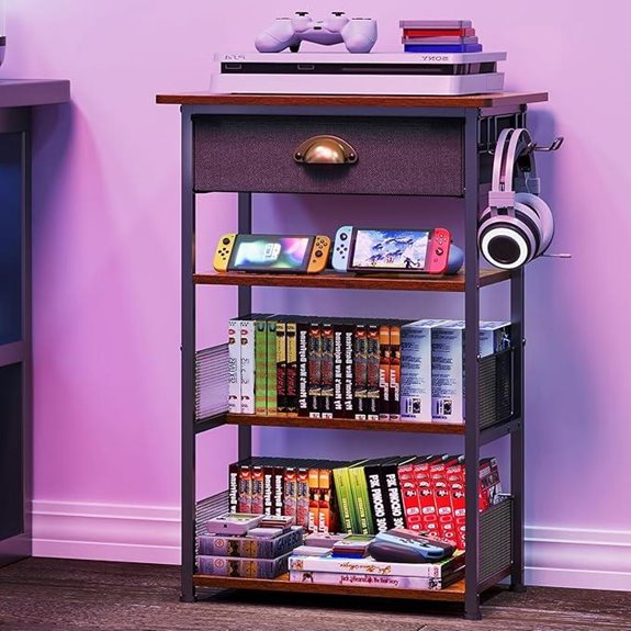 4-Tier Media Stand with Drawer and Hooks