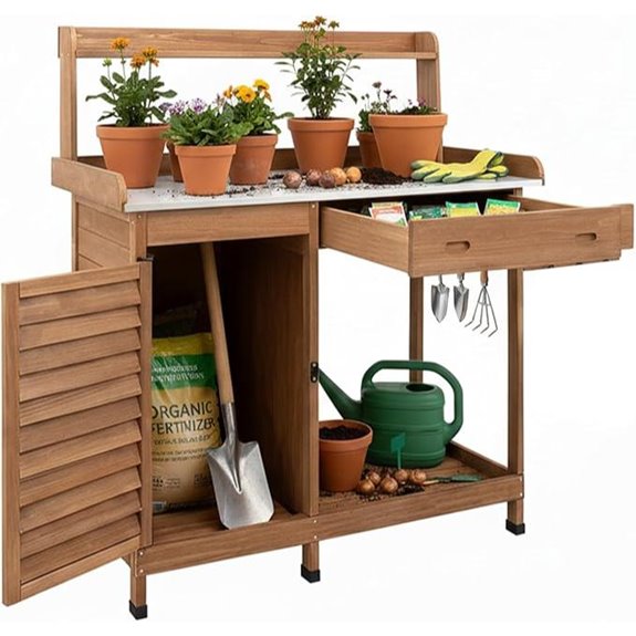 Potting Bench with Storage and Metal Tabletop