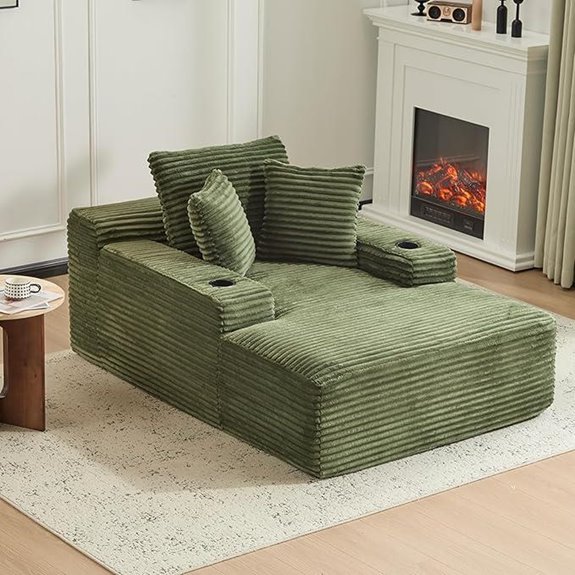 Oversized Green Chaise Lounge with Pillows & Cup Holder